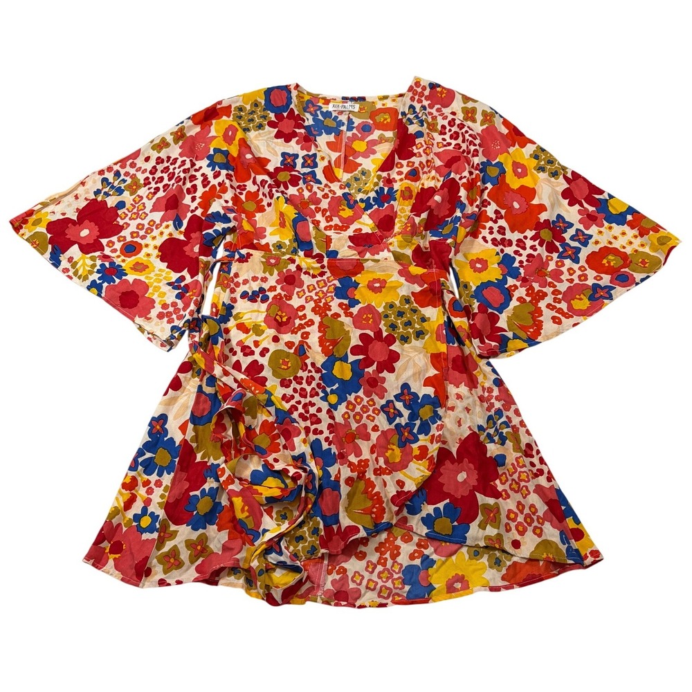 XIX Palms Honolulu Hawaii Floral Wrap Mini Dress Red Blue Yellow Kimono Sleeve M